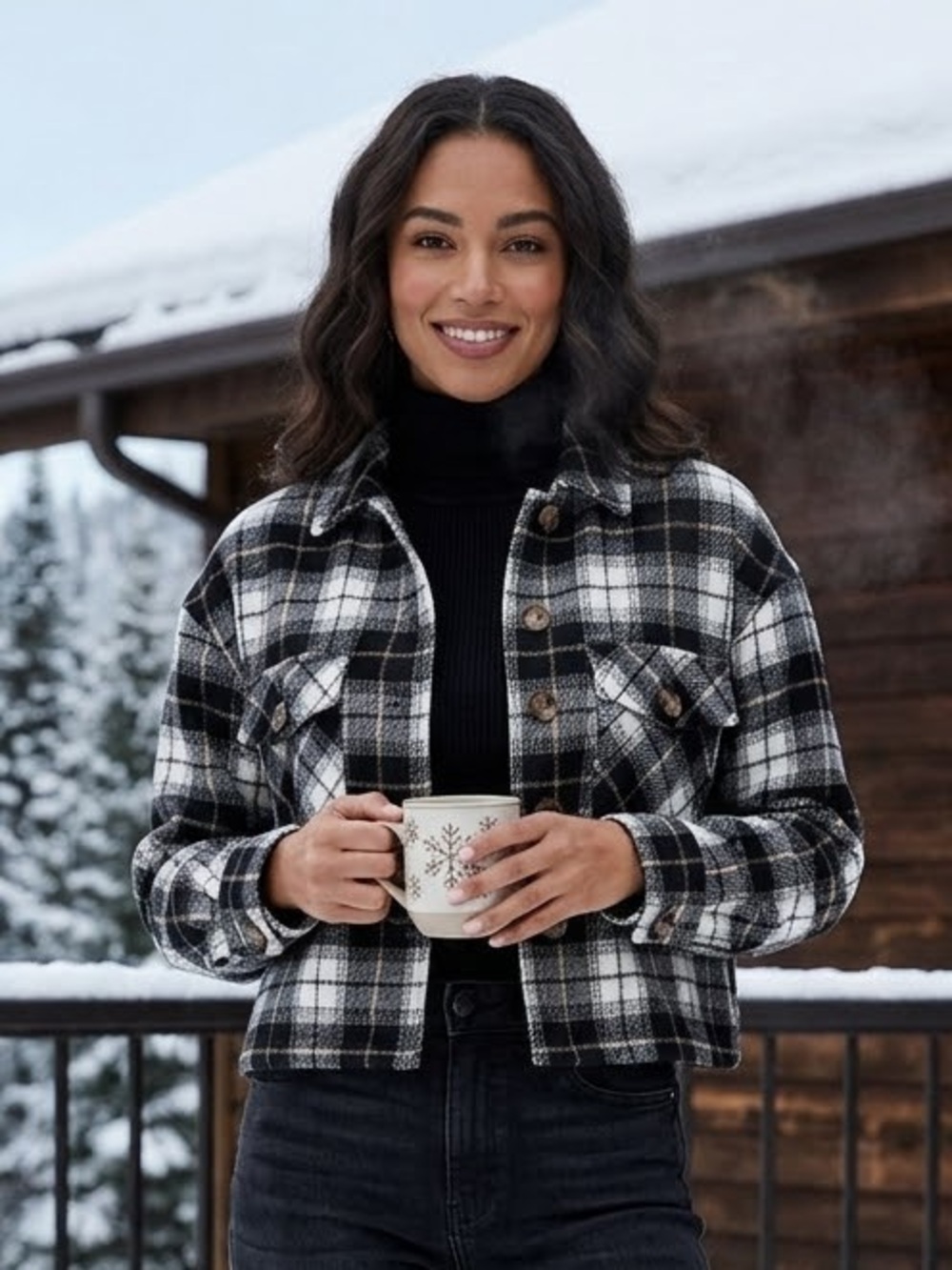 Love Tree Black & White Plaid Cropped Button Jacket, Women’s Size Medium